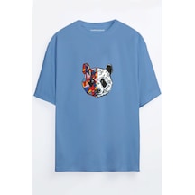 Renkli Panda Baskılı Bordo - Mavi Oversize T-shirt Mavi