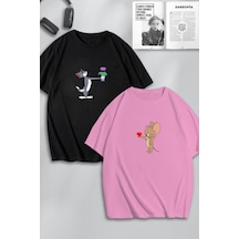 Unisex Kadın Erkek Çiçek Kalp Tom Ve Jerry Baskılı Sevgili Çift Kombini Tasarım Oversize Tshirt 2li Pembesiyah Mck0197 Çok Renkli
