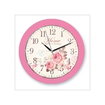 Pembe Çerçeve Sorti Pembe Güller Retro Vintage Duvar Saati Çok Renkli