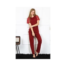Akbeniz Kadın Kolu Dantelli Penye Pijama Takım 4152 - S Bordo