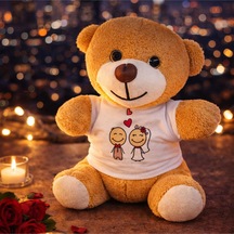 Sevimli Gelin Damat Tişörtlü Peluş Ayıcık Beyaz