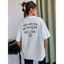 Tarzsokak Kadın Beyaz Love Love Love Baskılı Oversize T-shirt Beyaz