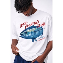 Yolo Street Premium Balık Desenli Oversize Tişört %100 Pamuk Unisex Beyaz