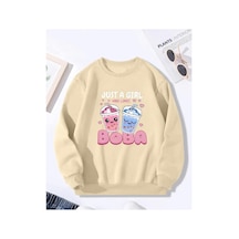 Herkesemoda Boba Baskı Detaylı Bisiklet Yaka İçi Polarlı Sweatshirt Bej