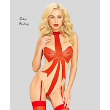 Intive Lingerie Intivr Fantasy Ten Rengi Büyük Kırmızı Kurdele Desenli Jartiyerli Vücut Çorabı