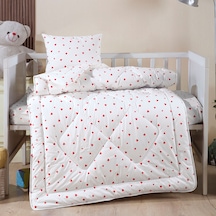Pamuklu Ranforce Kumaştan Kırmızı Kalpli Içi Elyaf Dolgulu Bebek Yorgan 95x145 Ve Bebek Yastık 35x45