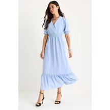Shade Kadın Kruvaze Yaka Beli Gipe Detaylı Kolları Lastikli Elbise 5246 60281076 - Bebe Mavisi