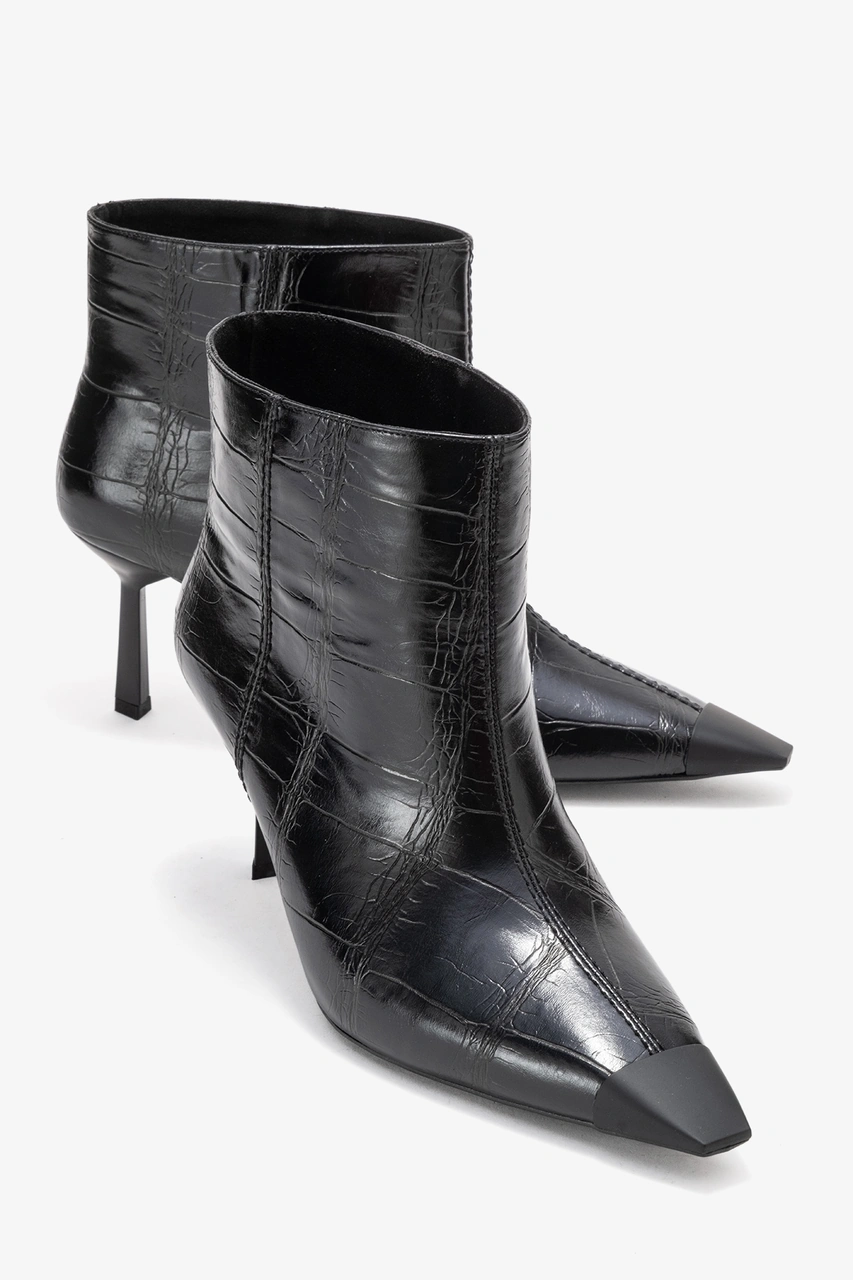 Luvishoes Luvi Shoes Rassel Siyah Baskı Mat Burunlu Kadın İnce Topuklu Bot Siyah Kroko