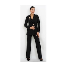Dorne Moda Gold Aksesuar Detaylı Blazer Ceket Pantolon Takım Siyah Siyah