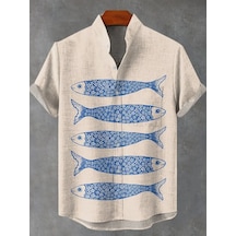 Snapbuy Retro 3d Sanat Baskılı Çizgili Balık Desen Keten Erkek Gömlekblack Black