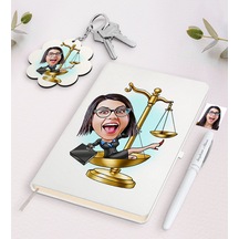 Kişiye Özel Kadın Avukat Karikatürlü Beyaz Defter Kalem Ve Anahta N11.9997