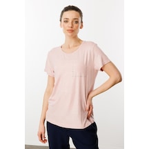 Kadın Sıfır Yaka Düşük Kollu T-shirt Pudra Pudra