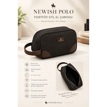 Newish Polo Kanvas Kumaş Deri Detaylı Fermuarlı Portföy Çanta Siyah