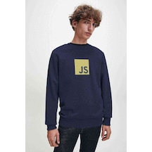 Js Baskılı Indigo Mavi Erkek Örme Sweatshirt