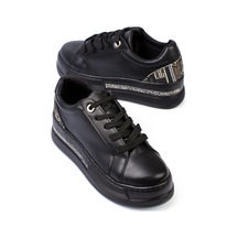 Shoetek Olala Kadın Sneakers Bağcıklı Arka Desenli Spor Ayakkabı Siyah Deri Siyah