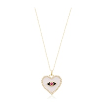 Zirkon Taşlı Altın Kaplamalı Göz Desenli Beyaz Mineli Kalp Gümüş Kolye Gold - Rose Gold - Gümüş