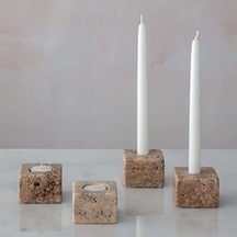 Doğal Traverten Mermer Şamdan Mumluk 4lü Set Silver 6998