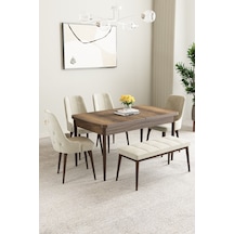 Mabel Barok Desen 80x132 Açılabilir Mdf Masa Yemek Odası Takımı, Mutfak Takımı 6 Adet Sandalye Krem