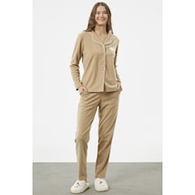 Sementa Gömlek Yaka Düğmeli Polar Pijama Takım - Camel 001
