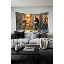 Kış Akşamı Kız Ve Baba Desenli Duvar Halısı Duvar Örtüsü Tapestry Süet Dokulu Kumaş