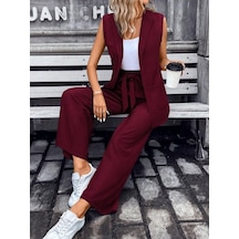 Efnaz Style Kadın Kolsuz Önü Açık Yakalı Cepli Janjan Krep Yelek Ve Pantolon Ikili Takım Bordo