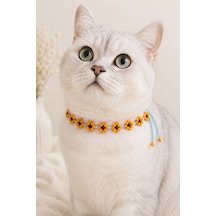 El Yapımı Boncuklu Kedi Boyun Aksesuarı Turuncu Çiçekli Bağcıklı Dekoratif Kedi Tasması