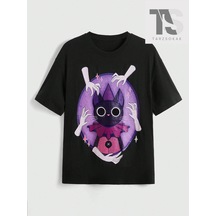 Tarzsokak Sıckyll Bayanlar Karikatür Kedi Baskı Kısa Kollu Tişört Siyah