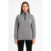 Üç İplik Dık Yaka Yarım Fermuarlı Sweatshirt - Gri