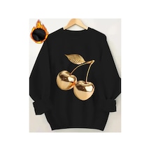 Herkesemoda Gold Kiraz Baskı Detaylı Bisiklet Yaka Sweatshirt Siyah