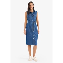 Defacto Gömlek Yaka Kuşaklı Yumuşak Jean Midi Elbise E1286ax25smnm28 Mavi