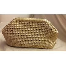 El Yapımı Clutch Örgü Deri Çanta Gold Çok Renkli