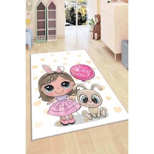 Pembe Kaymaz Tabanlı Yıkanır Prensesli Çocuk Halısı Ar056n11