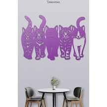 Kedi Çetesi Beşli Kedi Silüeti Metal Duvar Dekoru - Metal Duvar Sanatı - Mor - 75 X 50 Cm