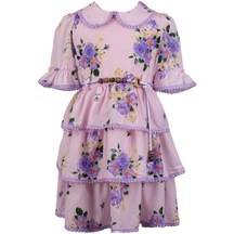 Kız Çocuk Fırfırlı Güpürlü Çiçek Desenli Beli Kemerli Elbise Mor 001