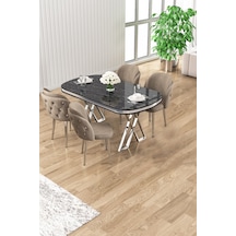 Canisa Zae Serisi 90x168 Lak Panel Siyah Mermer Desen Krom Ayak Masa Takımı 4 Cappucino Sandalye Masa Siyah Mermer Desen Sandalyeler Cappucino