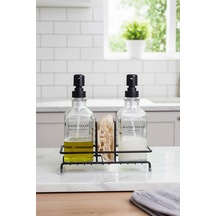 Buççin Online Mağaza Stantlı Kare İkili Cam Sabunluk Seti Şık Mutfak Ve Banyo Sıvı Sabunluk Siyah - Beyaz Metal Stand C Çok Renkli