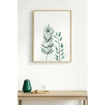 Doğal Ahşap Çerçeveli Minimal Yaprak Desenli Tablo - Pastel Tonlar Huhu1636