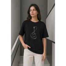 Yake Store Minimal Gitar Baskılı Tişört T-shirt Yazlık Kısa Kol Bisiklet Yaka T-shirt - Siyah - Siyah