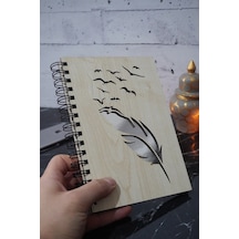 Kuş Tüy Desenli Ahşap Defter - Ajanda - 120 Sayfa Çizgisiz Defter Ahşap Rengi Banu A5 Notebook Gümüş