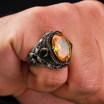 925 Ayar Sitrin Taşlı Ve Damla Zirkon Taşlı Gümüş Erkek Yüzüğü Gümüş