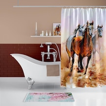 Banyo Paspas Ve Tek Kanat Duş Perdesi 1x180x200 Set Banyo Halısı Horses Beyaz