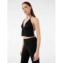 Koton Koton X Zeynep Bastık - Bağlama Detaylı Taşlı Askılı Viskon Karışımlı Slim Fit V Yaka Bluz Siyah 5sak10097uk Siyah