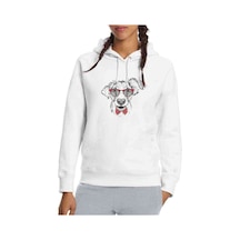 Papyonlu Köpek Baskılı Beyaz Kadın Kapşonlu Sweatshirt