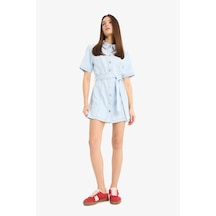 DeFacto Polo Yaka Düğmeli Kuşaklı Kısa Kollu Mini Jean Elbise E1287AX25SMNM39