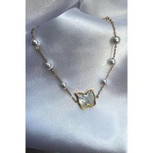 Altın Renk Kaplama İnci Taşlı Sedefli Kelebek Detaylı Kadın Çelik Bileklik - Altın