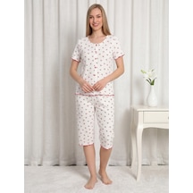 Kadın Kısa Kollu Yumuşak Tuşe Yazlık Likralı Kumaş Kapri Pijama Takım Beyaz Kiraz