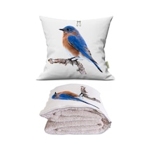 Mavi Kuş Baskılı Dekoratif Yastık Kırlent Opsiyonel Battaniye 2 İn 1 Çok Renkli
