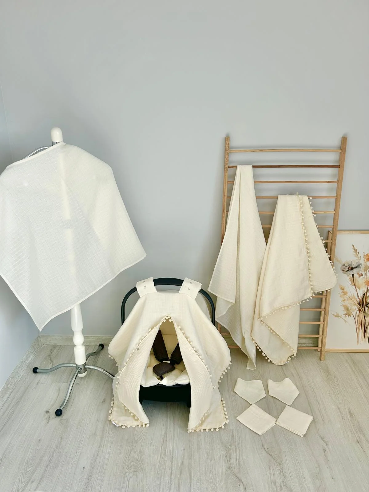 %100 Pamuk 9 Parça Çift Taraflı Muslin Set Krem