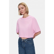Indıana Açık Pembe Bisiklet Yaka Crop Baskılı Loose Fit Kadın Tshirt Açık Pembe