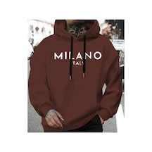 Herkesemoda Milano Yazı Detaylı İçi Polarlı Kapüşonlu Sweatshirt Kahverengi